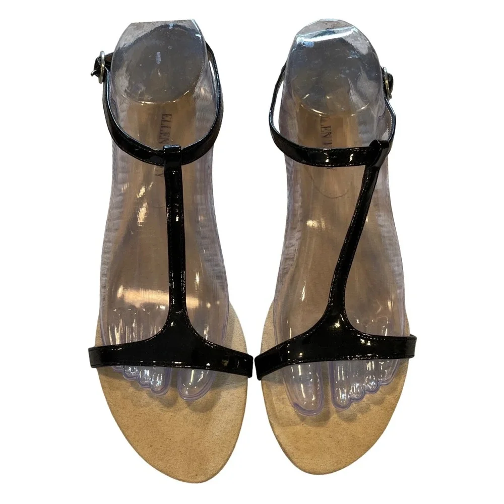 Ellen Tracy Dane Wedge Sandals Women 8.5 Black Patent T-Strap Cork Low Heel Chic
